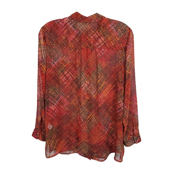 J Jill Size M Petite Blouse Semi Sheer Long Sleeve Button Front Shirt Red Orange - Picture 3 of 6